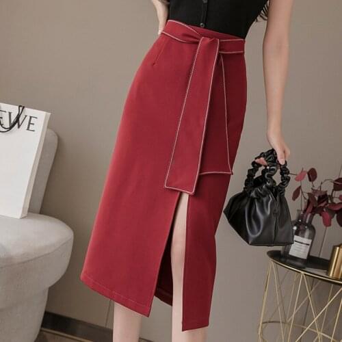 Bandage all-match high waist Skirt Plus Size Tight Bodycon Fashion Women Midi Skirt Red Black Slit Skirts Womens Fashion Jupe
