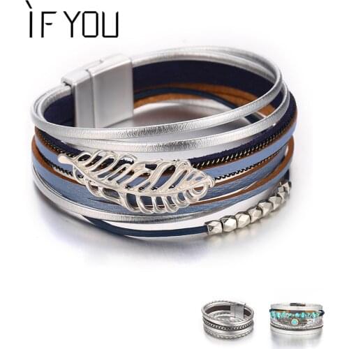 IF YOU Vintage Multilayer Leaf Leather Bracelet For Women Fashion Crystal Charm Bracelets Men Outdoor Pulsera Statement Jewelry
