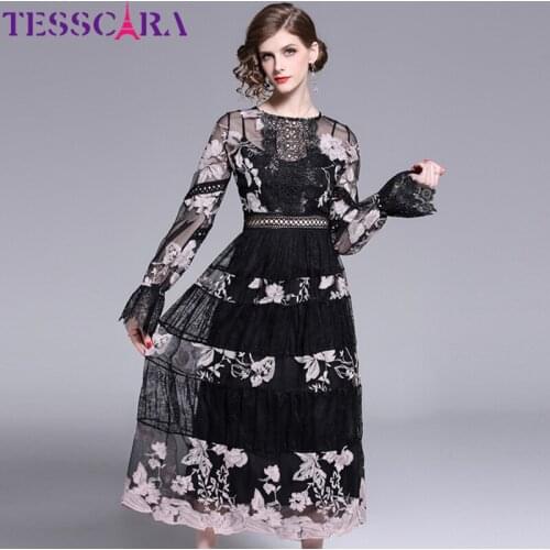TESSCARA Women Long Elegant Embroidery Mesh Dress Festa Female Cocktail Robe High Quality Floral Designer Wedding Party Vestidos