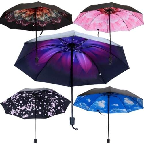 Black coating Parasol rain sunny dual-use umbrella three folding umbrella inside beauty women umbrella windproof strong umbrella