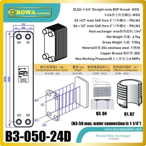 1.1sqm heat transfer area wort plate heat exchanger is working as condenser of 36000BTU air source heat pump for floor heating