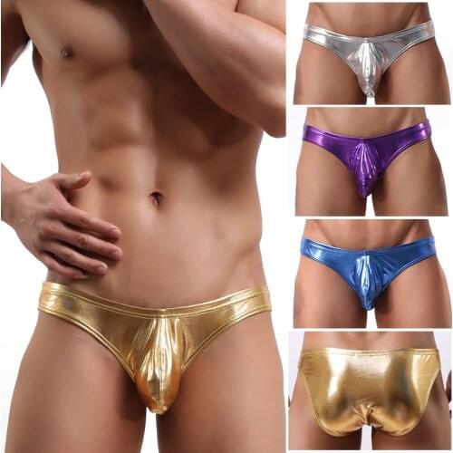 Erotic Mens Sexy Briefs Shorts Bronzing Faux Leather Underpants Mini Micro Patent Leather Bulging Pouch Underwear Slips S M L