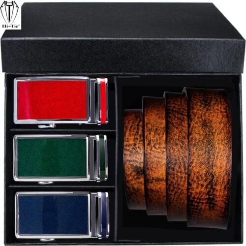 Famous Boxed Orange Tan Genuine Leather Mens Belts Italian 3 Automatic Buckles & 1 Ratchet Strap Set Men Belt Casual Formal Gift