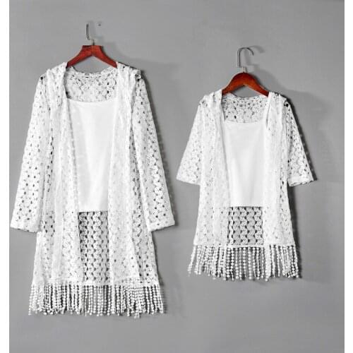 2021 Autumn White Hollow Tassel Cardigan +Camisole 2pcs Mommy and me Family Matching Clothes Mother and Daughter Clothes