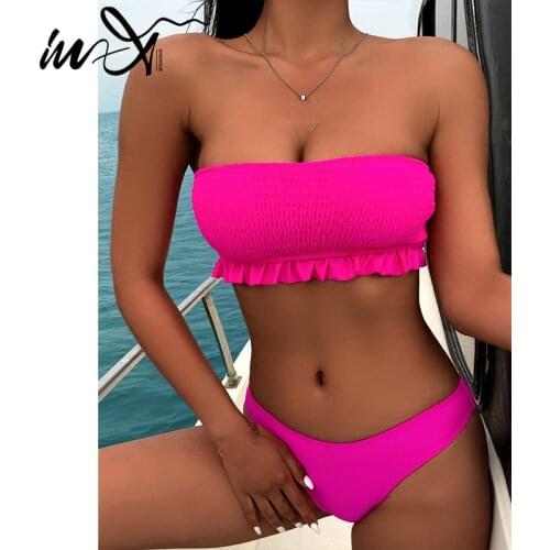 Solid bikini Set 2021 Bandeau swimsuit Women Two Pieces Sports Beachwear Off-Shoulder Bathing Suit Sexy Swimwear Female Summer