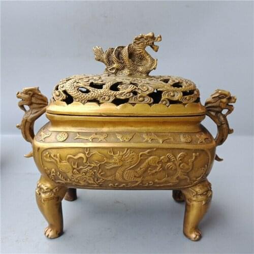 Marked Chinese Old Bronze Dragon Dragons Foo Fu Dog Lion Incense Burner Censer