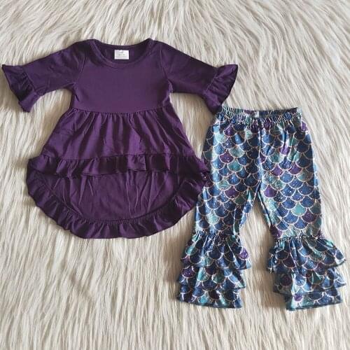 RTS Hot Sale Fall Spring Design Kids Designer Clothes Girls Two Piece Long Sleeve High-low Top Cor Bell Pants Boutique Clothing
