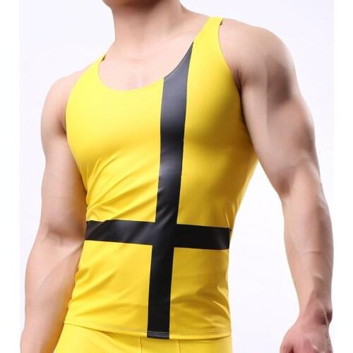 Men Sleeveless Vest Undershirt PU Leather Cross Tops Dance Clubwear Faux Leather Muscle Shirt Sexy Slim Tight Undershirts