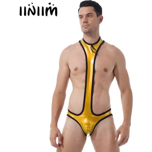 Mens Lingeire Sexy Teddies O Ring Patent Leather Bodysuit Underwear Round Neck Bulge Pouch Open Butt Leotard Stage Show Costume