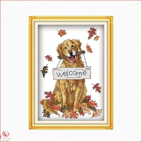 Welcome Cross Stitch Kit Cute Puppy Animal Pattern 14CT White 11CT Printed Embroidery Set DIY Home Decoration Painting Crafts