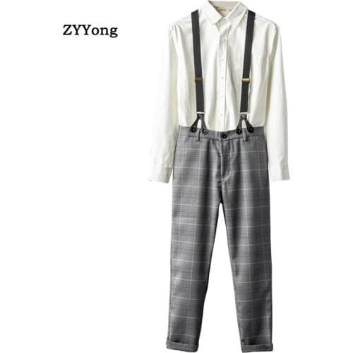 New Mens Bib Overalls Business Leisure Gray Lattice Suit Pants Large Size Gentleman Style Slim Jumpsuits Office Trousers