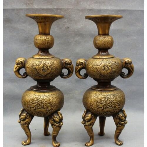 Song voge gem S2616 14" Chinese Bronze Dragon Phoenix Elephant Head Statue Candle Stick Holder Pair
