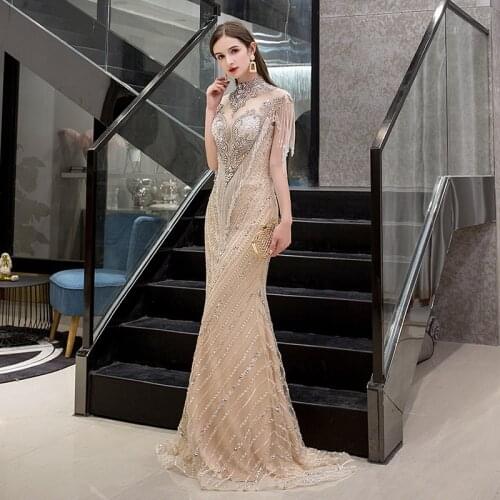 Dubai Luxury Sexy Mermaid Champagne Evening Dresses for Women 2021 Beading Crystal Rhinestone High Neck Formal Party Gowns