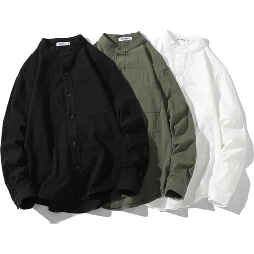 Hip Hop Long Sleeve Shirts Solid Colors Korean Mandarin Collar 100% Cotton White Black Shirt Streetwear Fashion Social Shirt