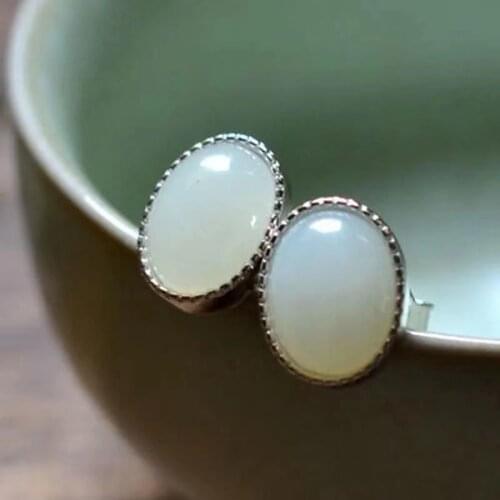 S925 Sterling Silver Inlaid Natural Hetian White Jade Oval Fashion Simple Vintage Earrings Women Ornament