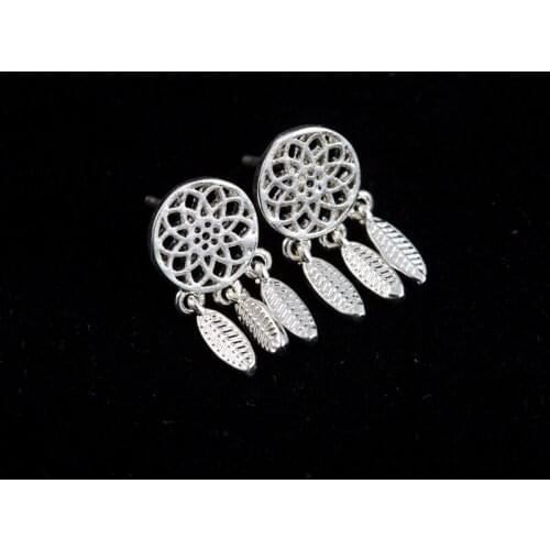 Jisensp Silver Plated Earrings Vintage Ethnic Brushed Tassel Dream Catcher With Feathers Stud Earring Fashion Jewelry for Women