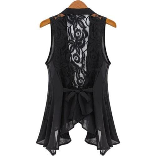 Chiffon Vest In The Long Section Chiffon Lace Vest Jacket Stand Collar Asymmetric Hem Chiffon Vest Tops S -Xxxxxl