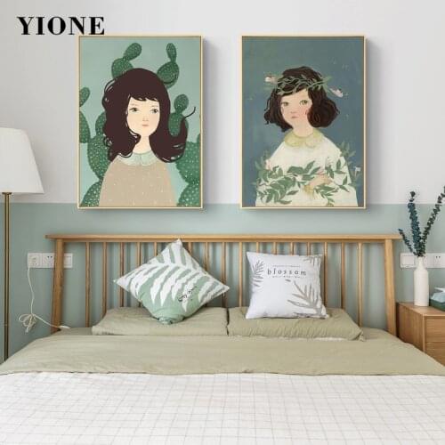 Nordic Plants Girl Canvas Art Posters Cartoon Character Cactus Leaves Green Pictures for Kids Room Wall Painting Prints Decor