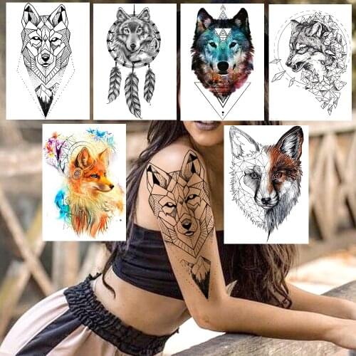 DIY Geometric Wolf Temporary Tattoos For Women Men Body Art Arm Tattoos Sticker Realistic Fake Dreamcatcher Coyote Flower Tatoos