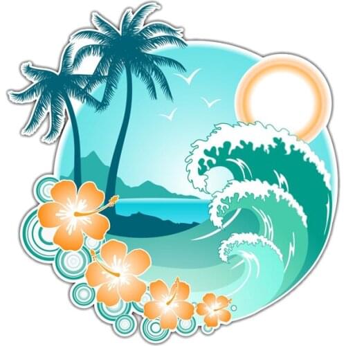 Funny Tropical Island Hawaii Auto Stickers Pvc Cartoon Style Wave Car Parts Decorative Decals Waterproof 13cm*13cm