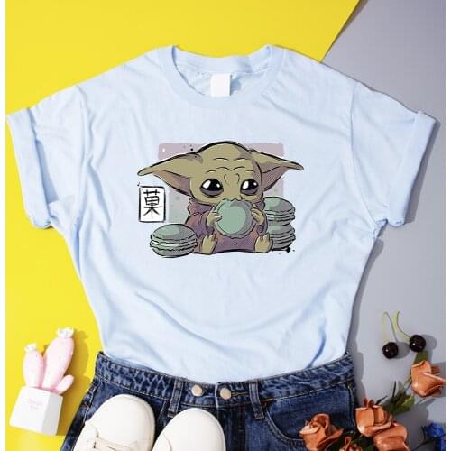 Star wars Women T-Shirt Short Sleeve The Mandalorian Women T shirt Baby Yoda Eating Macarons Tops Tees Harajuku Girls Clothing