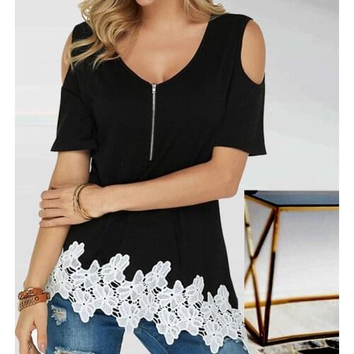 Women Summer Lace Patchwork Fashion Blouse Casual O-Neck Zipper Short Sleeve Sexy Off Shoulder Party Holiday Shirt