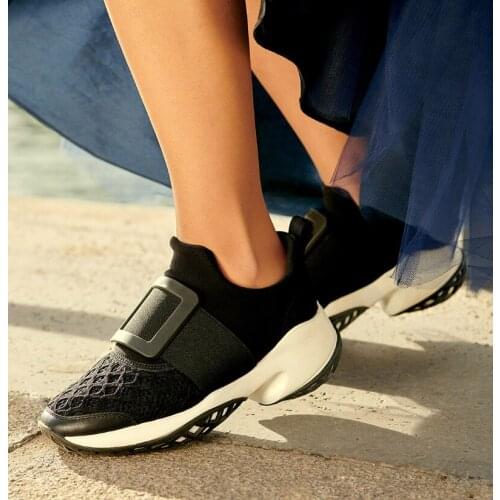 Buckle Band Design Slip On Thick Heel Trainers Bling Crystal Mesh Upper Casual Women Sneakers Black Fashion Running Shoes