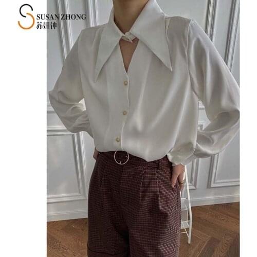 Women Shirts Female Blouse Ladies Tops 2021 Spring New Elegant Romantic Loose Turn-Down Collar Lantern Sleeve Button Cuff Satin