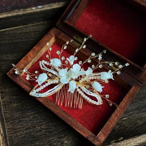 White Porcelain Flower Bridal Hair Comb Tiaras Beaded Crystal Wedding Jewelry Handmade Women Headpiece Hair Ornament