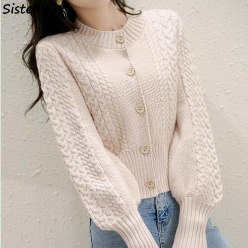 Sister Fara New Autumn O-neck Lantern Sleeve Ladies Short Knit Sweaters Single-breasted Cardigans Sweaters for Women Winter 2021