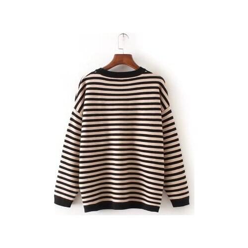 Womens knitted sweater o-neck pullovers striped long sleeves warm casual loose knitting sweater autumn clothing