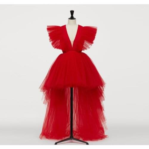 New Red High Low Tulle Women Dresses 2020 Sexy Deep V-neck Long Tulle Formal Party Dress Women Summer Vestidos