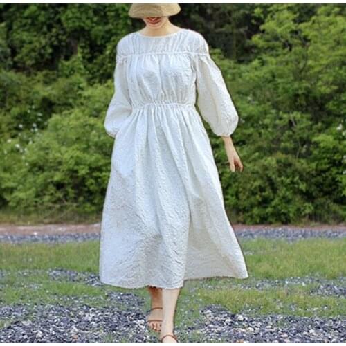 19 Summer White Cotton Embroidery Flower Back Tether Double-deck Pleat Lantern Sleeve Easy Dress 90309 h190428