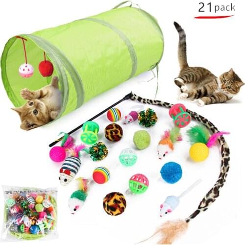 21pcs Cat Toys Kitten Toys, Kitten Tunnel Feather Teaser Wand Fish Mouse Mice Balls Cat Puppy Collapsible Interactive Toy