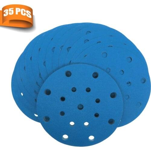 35Pcs 6 Inch 150mm 17 Holes Sandpaper 80 Grits Hook and Loop Blue Film Sanding Disc For Polishing and Grinding