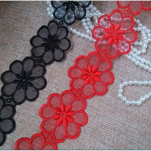 5 Meters Red Back Pretty Unique Design Embroidered Organza Sewing Daisy Sun Flower Sewing Lace Trims