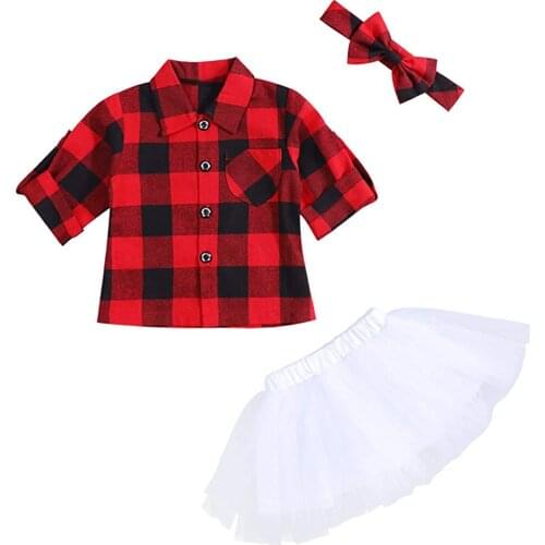 Oklady Toddler Baby Girl Red Plaid Button Down Flannel T-Shirt Sweet Tutu Skirts with Headband Infant Dress Clothes Set