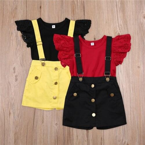 Cute Baby Girls Outfits Sunsuits Solid Flying Sleeve T-shirts Top+Straps Shorts Skirts Children Casual Fashion Summer Clothing