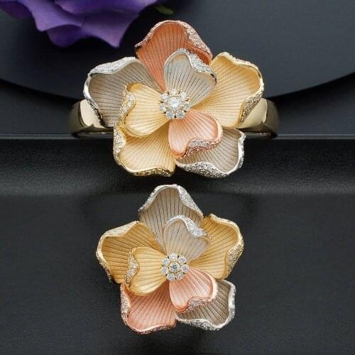 ModemAngel Luxury Large Geometric Flower Women Engagement Wedding Party Rings and Bangle Jewelry Sets for Brides