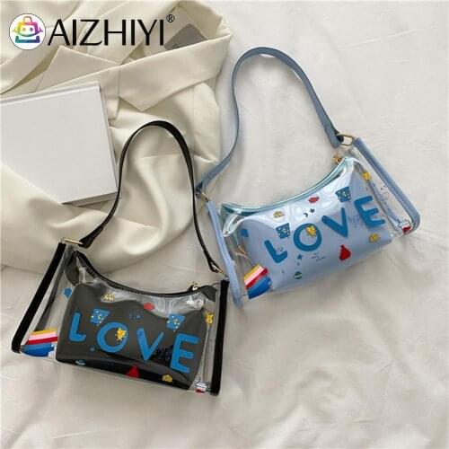 Fashion Women Transparent 2pcs Composite Bags Graffiti Letters Printing Shoulder Underarm Bag Casual Ladies Small Hobos Handbags