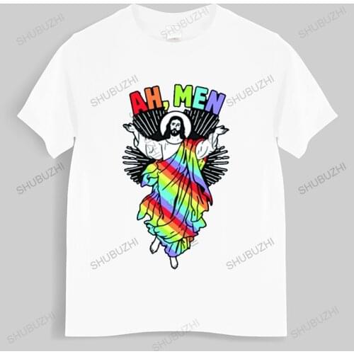 Ah Men Funny LGBT Gay Pride Jesus Rainbow Flag God Gift T-Shirt Men Cotton TShirt Tees Tops Streetwear Harajuku