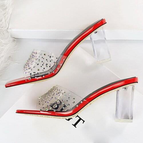 New Summer Women 7cm Clear High Heels Slippers Lady Block Low Heels Mules Glitter Crystal Slides Party Wedding Bridal Red Shoes