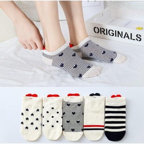 5 Pairs of 5 Colors Female Boat Socks Short Tube Love Cartoon Invisible Cotton Breathable Sweat-absorbent Non-slip Campus Style