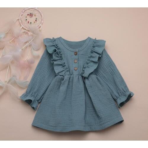 Solid Color Ruffles ChildrenS Dress fly Long Sleeve Knee-Length dress Solid Linen Button Princess Dress Sukienka Dziewczynka