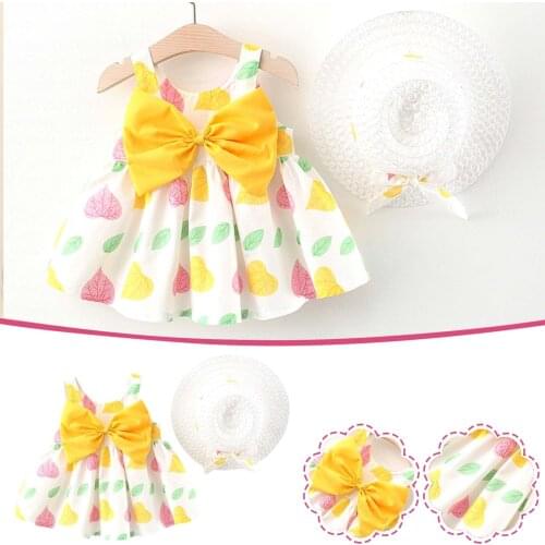 Summer Sweet Tutu Dresses Toddler Baby Girl Sleeveless Vestidos Casual Bowknot Leaf Print Suspender Pleated Dress+Fisherman Hat