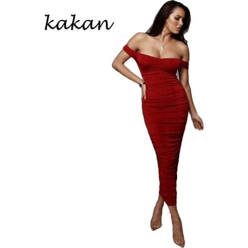 Kakan summer pleated dress sexy word collar off-shoulder dress pink yellow red black womens dress