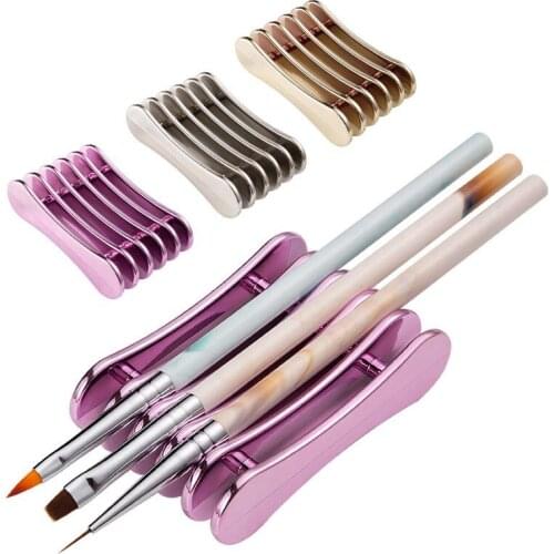 Silver Purple Gold 5 Grids Nail Art Brush Holder Pen Rest Display Stand Acrylic Metal Plated Multifunctional Manicure Tools