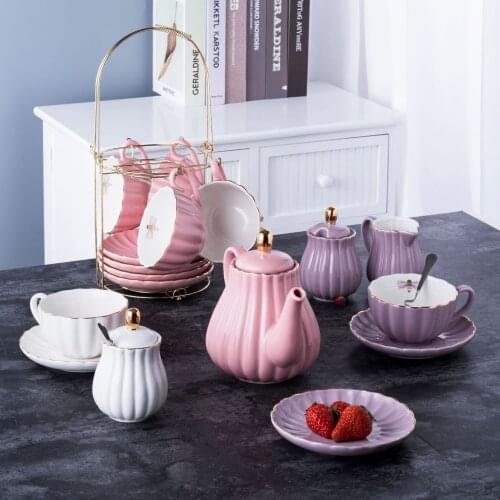 Striped Pot, Four Cups, Saucer, Japanese Coffee Set, Jug Set, Gold Flower Tea Set, Ceramic Bone China Tea Sets Pudding Cup