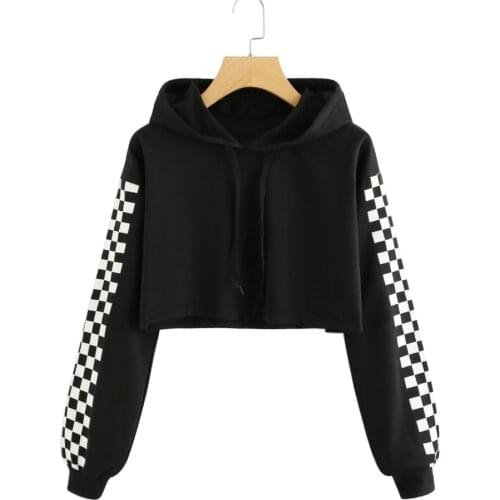 XUANCOOL Women Crop Top Fashion Autumn Plaid Long Sleeve Pullover Hooded Sweatshirts Ladies Hoodies Kpop Moletom Feminino