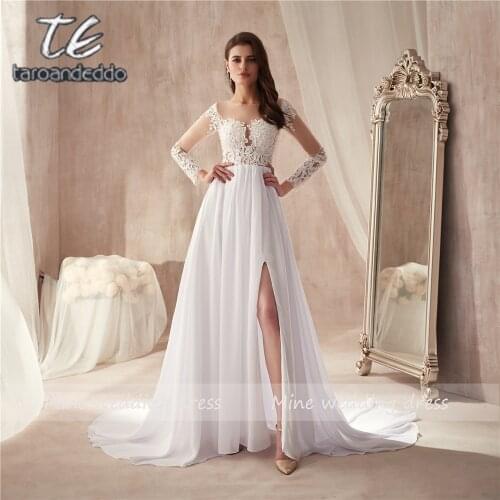 Scoop Neckline White Chiffon Beach Front Slit Wedding Dress Long Sleeves See Through A-line Bridal Dress with Button Back
